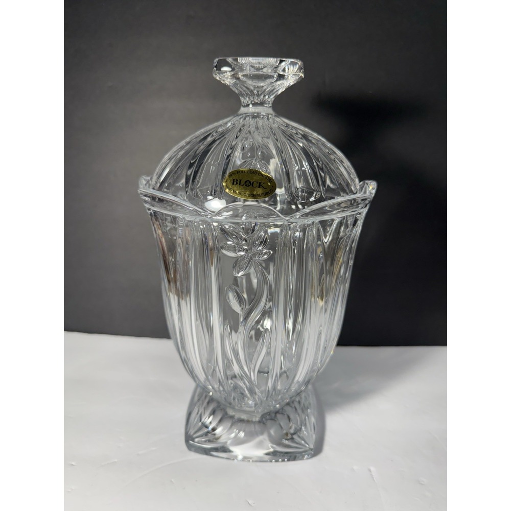 Block Trellis Biscuit Barrel 12" Full Lead Crystal Jar Made in Czech Republic